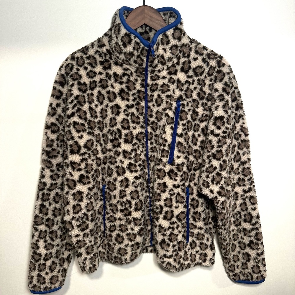 Aqua Leopard-Print Fleece Jacket with Blue Trim